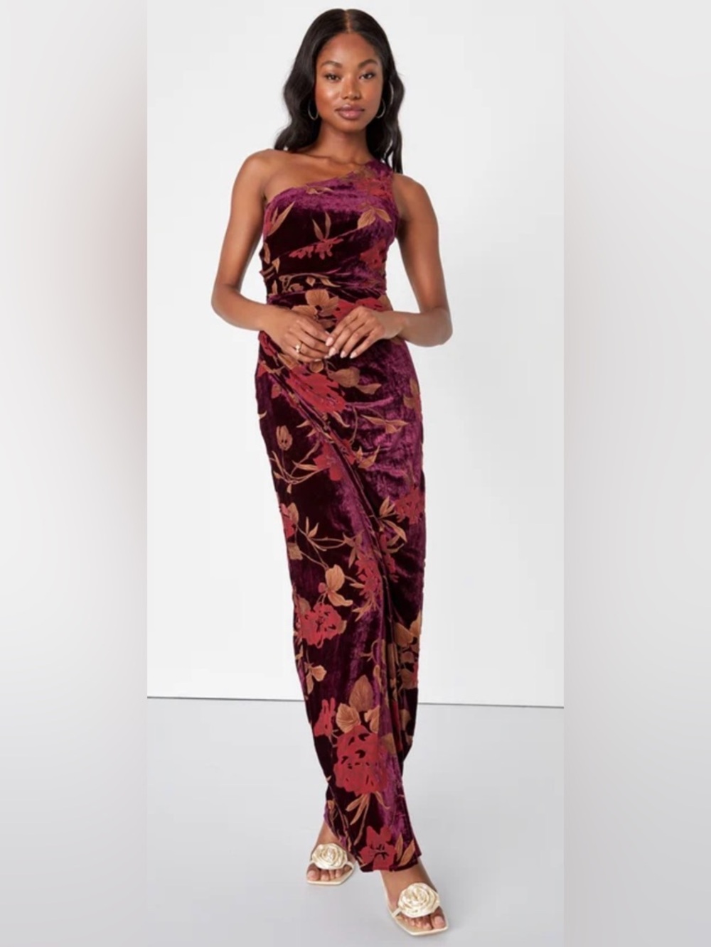 Lulu's Unreal Awe Floral Burnout One-Shoulder Velvet Dress